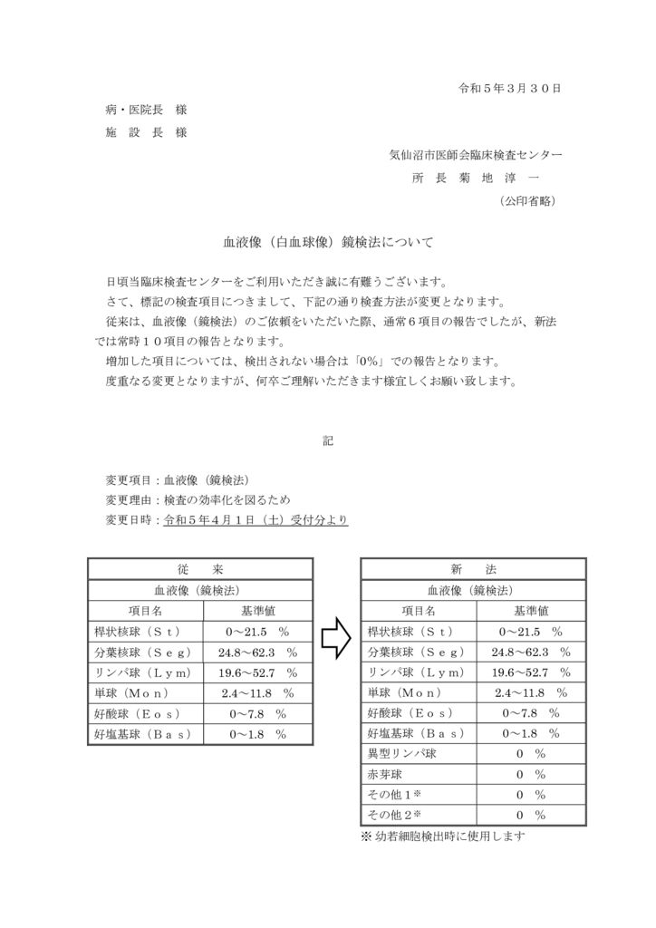 通知文書（血液像鏡検法について）10項目のサムネイル